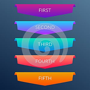 Infographic banners with 5 ribbons. Labels or tabs design with 5 options, levels or steps and space for text.